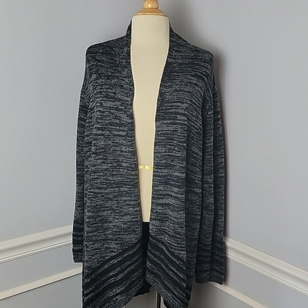 EILEEN FISHER Black Gray Striped Marled Waterfall Drape Open Cardigan Sweater XL
